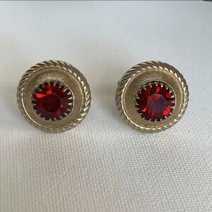Swank Round Ruby Red Gem Cuff Links Vintage Gold Tone Mid Century Style
